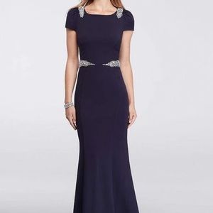 Cachet -Cap Sleeve Crystal Inset Long Sheath Dress